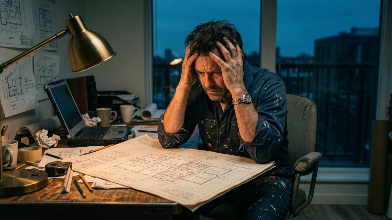 A painting contractor at a cluttered desk in the evening, head in his hands, looking at a large architectural drawing.